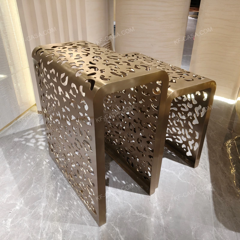 Brushed Gold U-Shaped Side Table with Organic Cutout Pattern